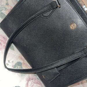 Tory Burch Black Saffiano Leather Tote with Gold Logo